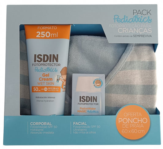 Isdin Fotoprotector Pediatrics (Oferta Poncho Praia 60x60cm) FusionWater Magic SPF50 + Gel Cream Wet Skin SPF50